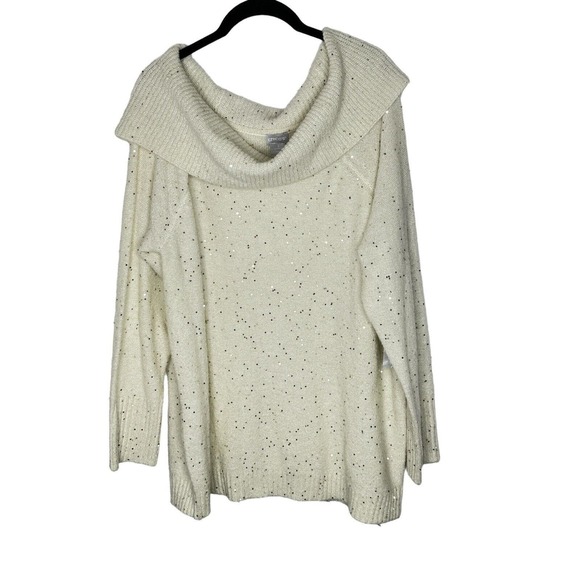 NWT Chicos Womens Off The‎ Shoulder Cowl Neck Sweater 3(XL) Sparkle Sequin Cream - Picture 1 of 12